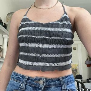 Mustard Seed Navy Embroidered Striped Open Back Halter Crop Top